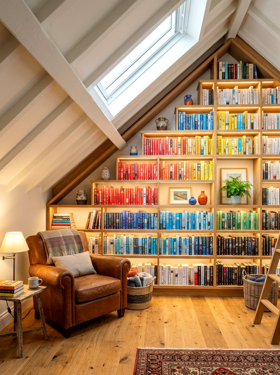 Sloped Ceiling Bookshelves - 30 eaves storage ideas