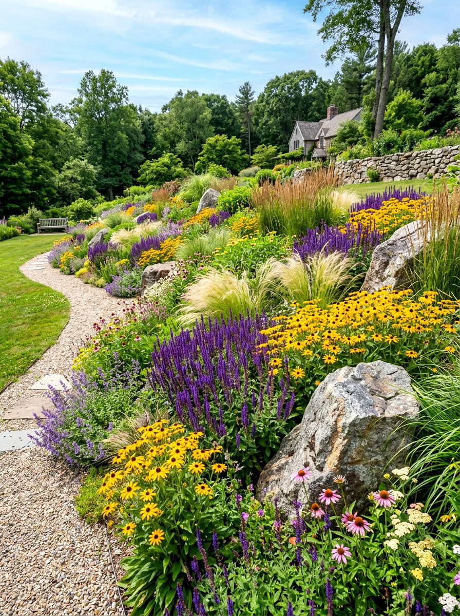 Sloped Flower Border - 30 tiered backyard ideas