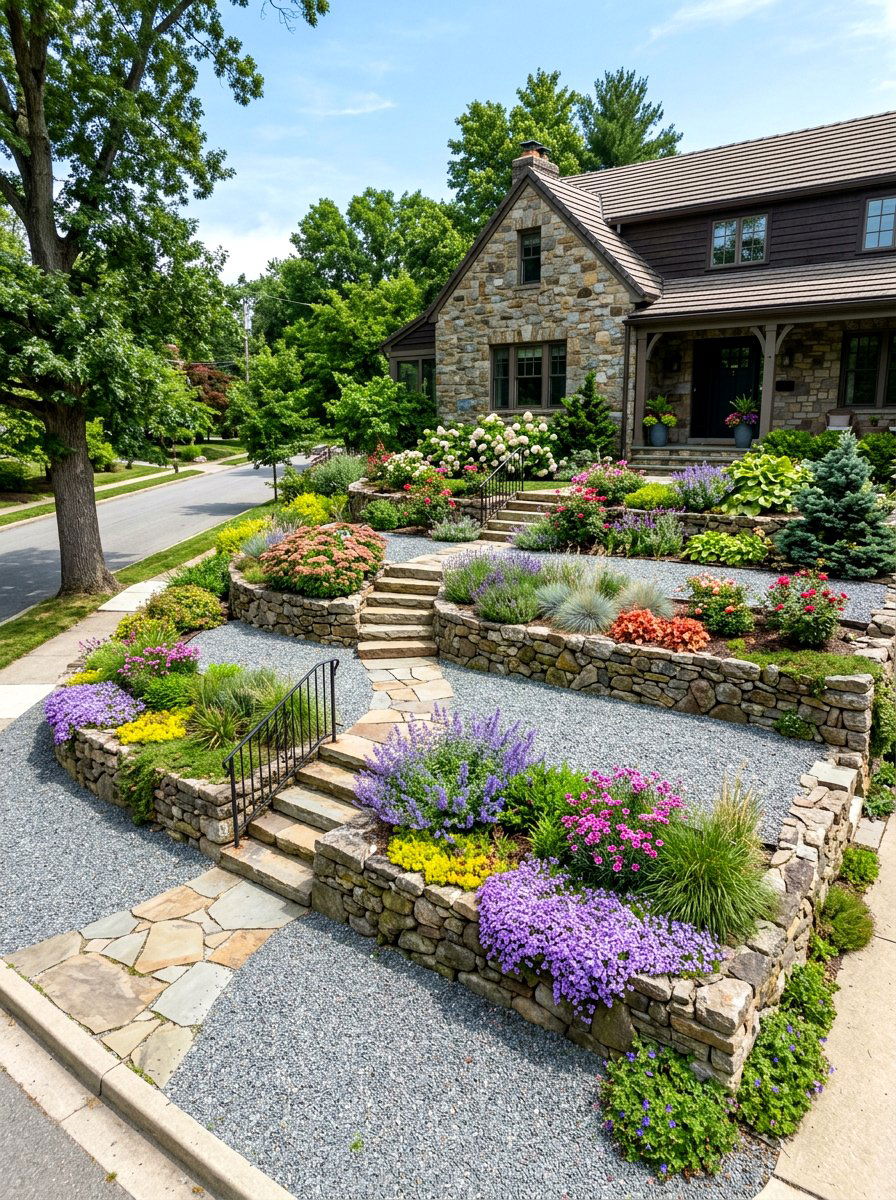 Sloped Front Yard Gravel Terrace - 30 gravel front yard landscaping ideas