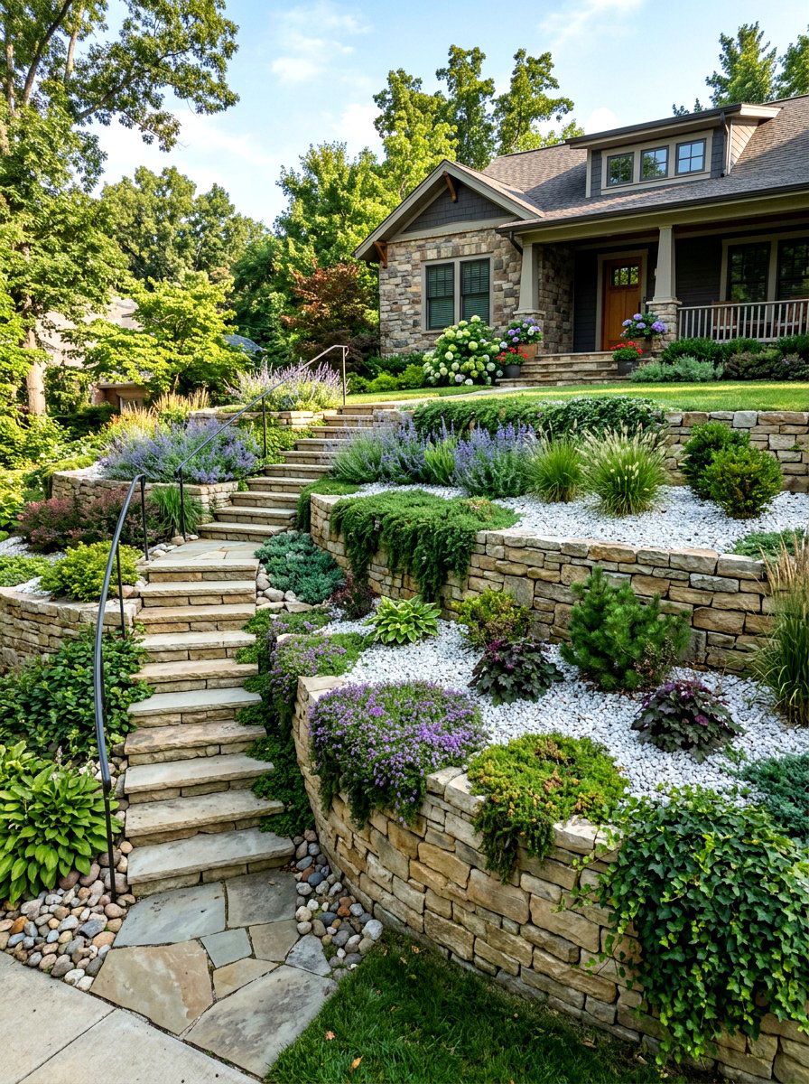 Sloped Front Yard Landscaping - 30 white gravel front yard ideas