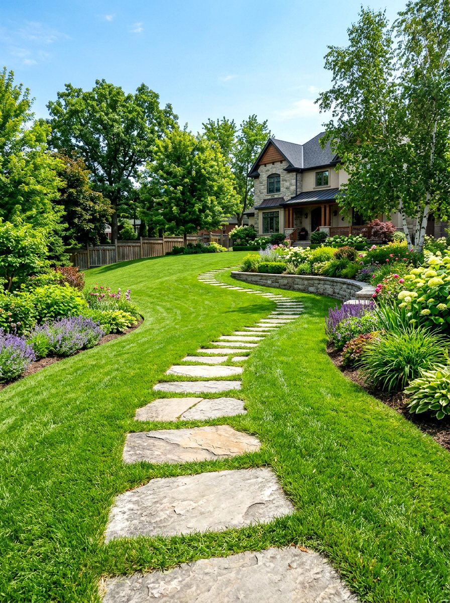 Sloped Lawn With Stone Paths - 30 slope garden ideas