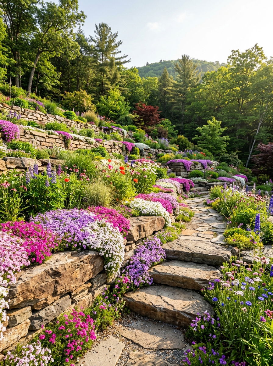 Sloped Terrace Garden - 30 rock flower bed ideas