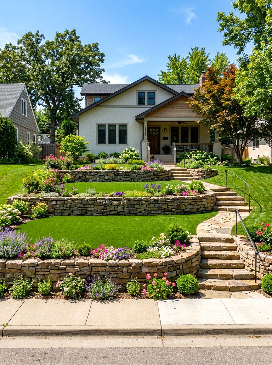 Sloped Tiered Garden - 30 artificial grass front yard ideas