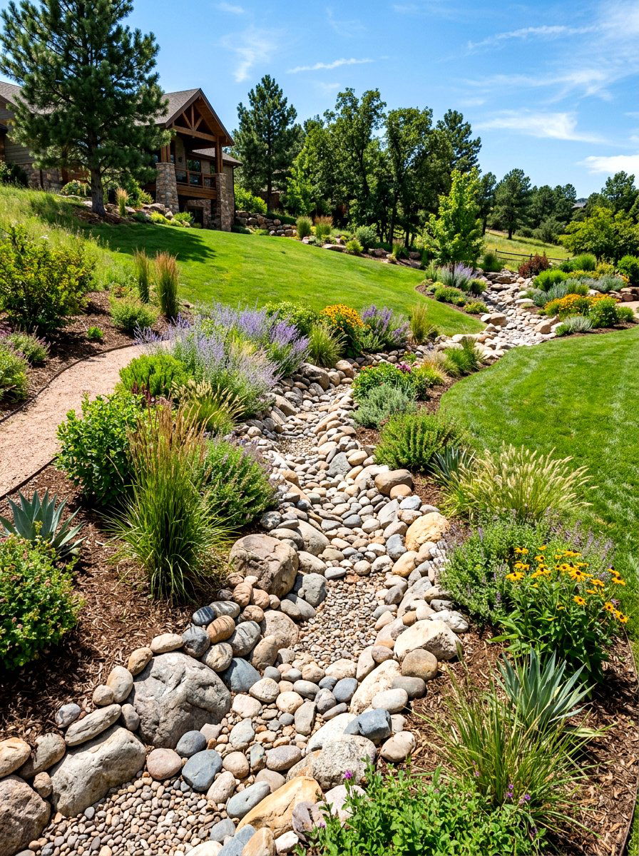 Sloped Yard Drainage - 30 river rock landscaping ideas
