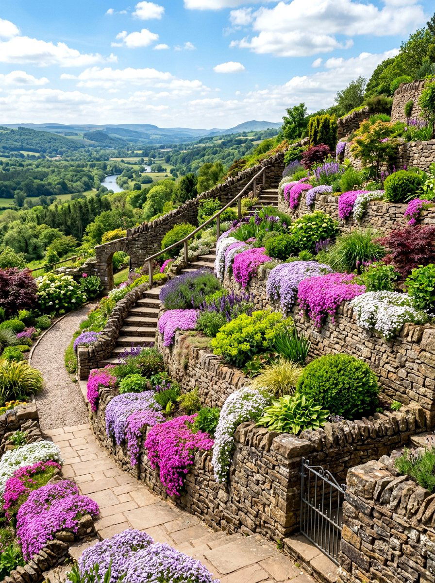Sloped Yard Terraced Garden - 30 flower bed landscaping ideas