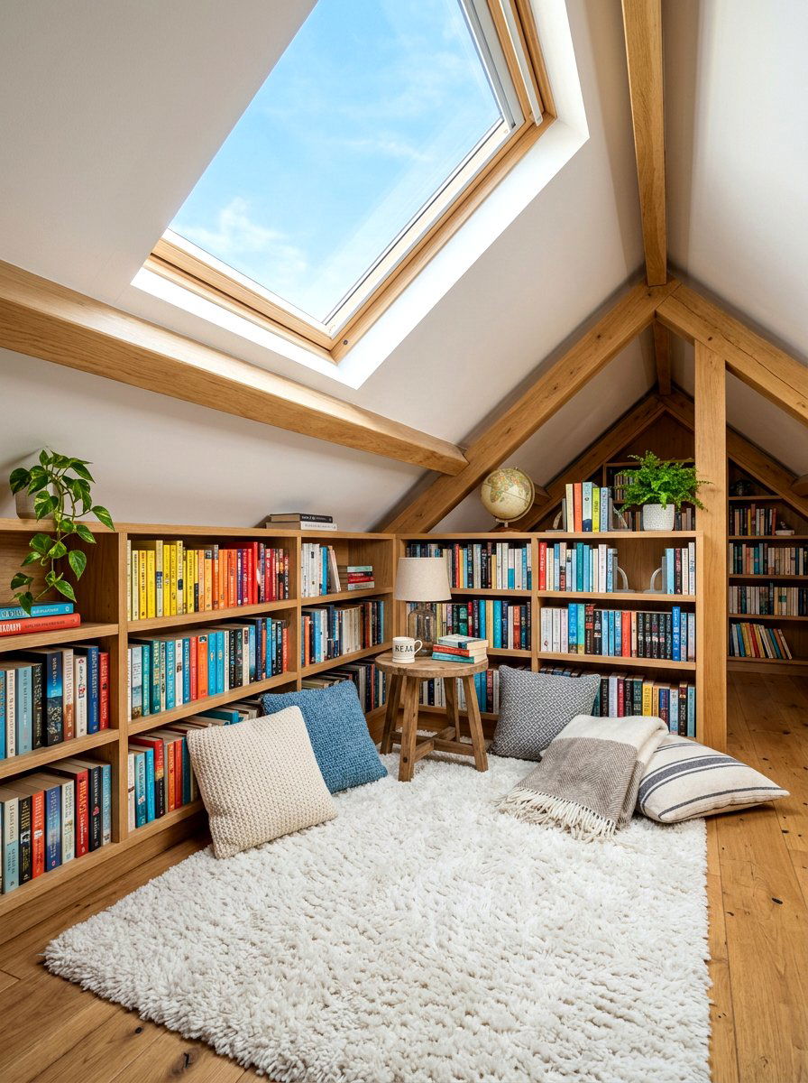 Sloped ceiling attic library - 30 cozy library fall ideas