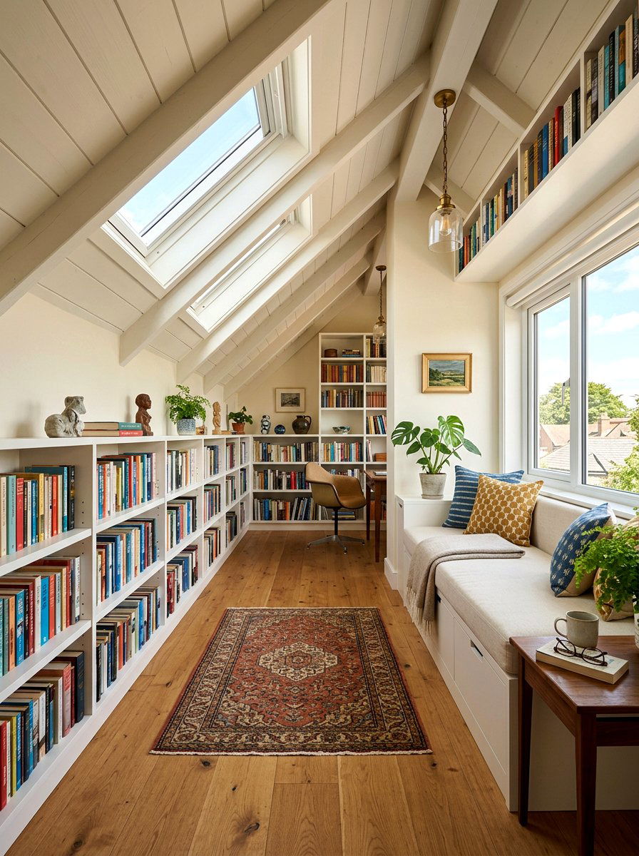 Sloped ceiling attic library - 30 attic reading room ideas