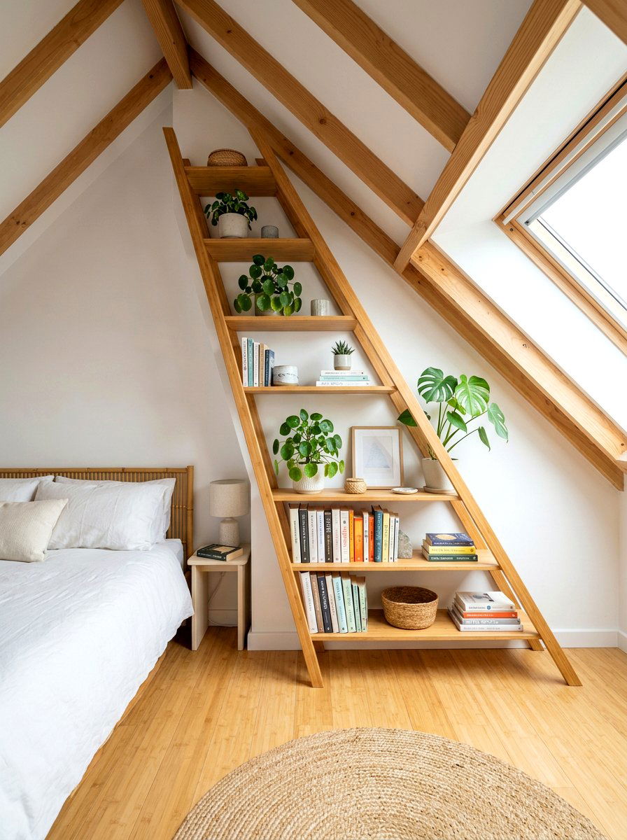 Sloped ceiling ladder shelves - 30 attic bedroom storage ideas