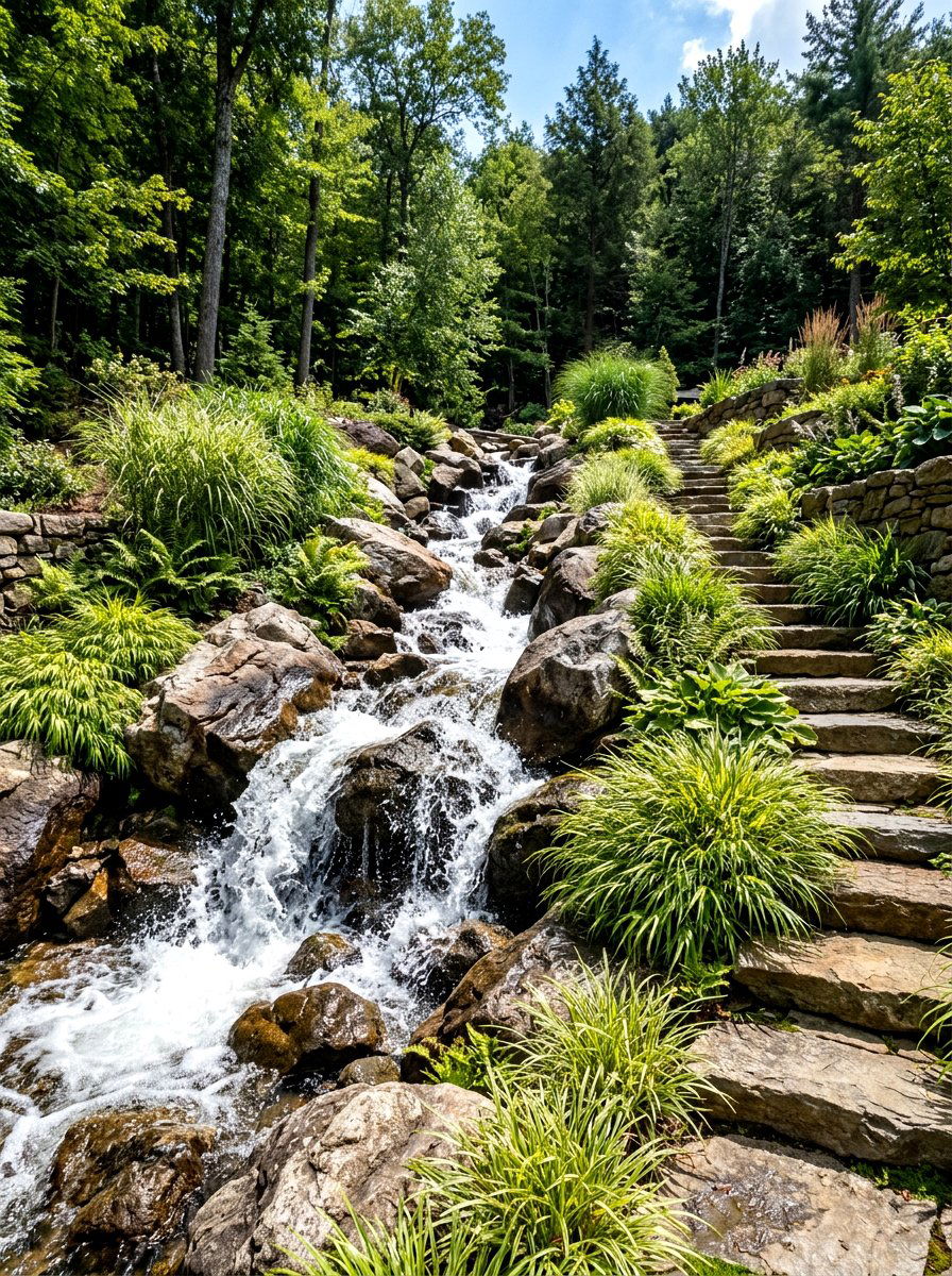 Sloped yard stream - 30 backyard stream ideas