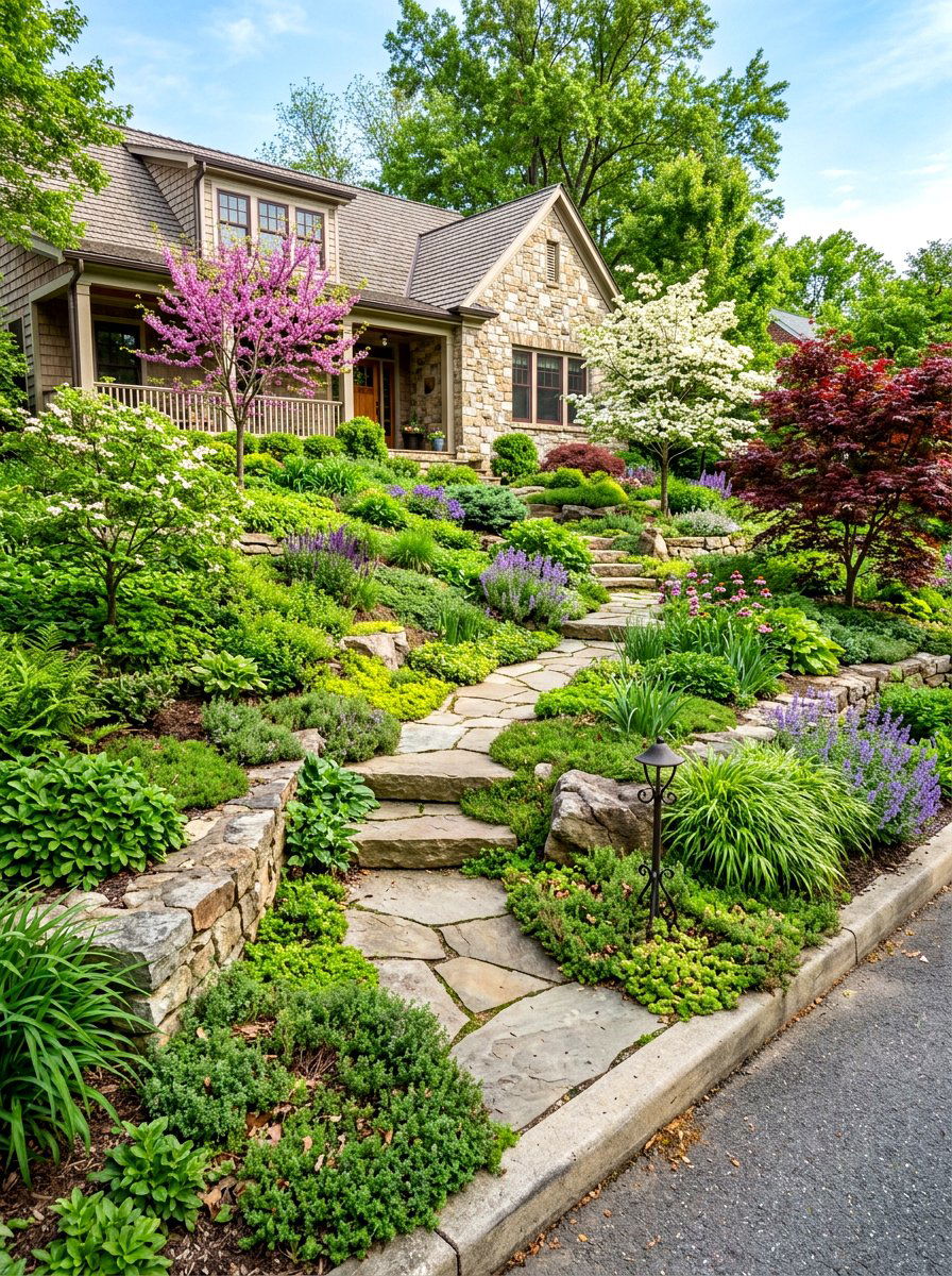 Sloping Front Yard - 30 asymmetrical curb appeal ideas