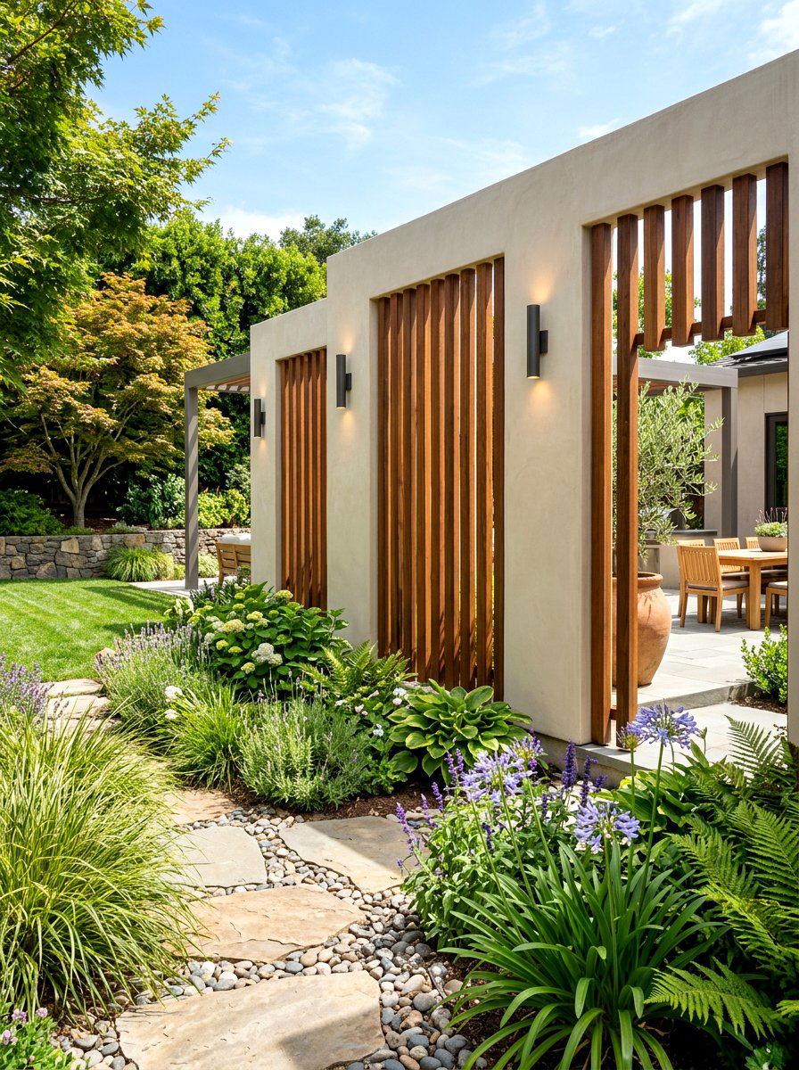 Slotted Stucco Privacy Screen - 30 textured stucco backyard ideas