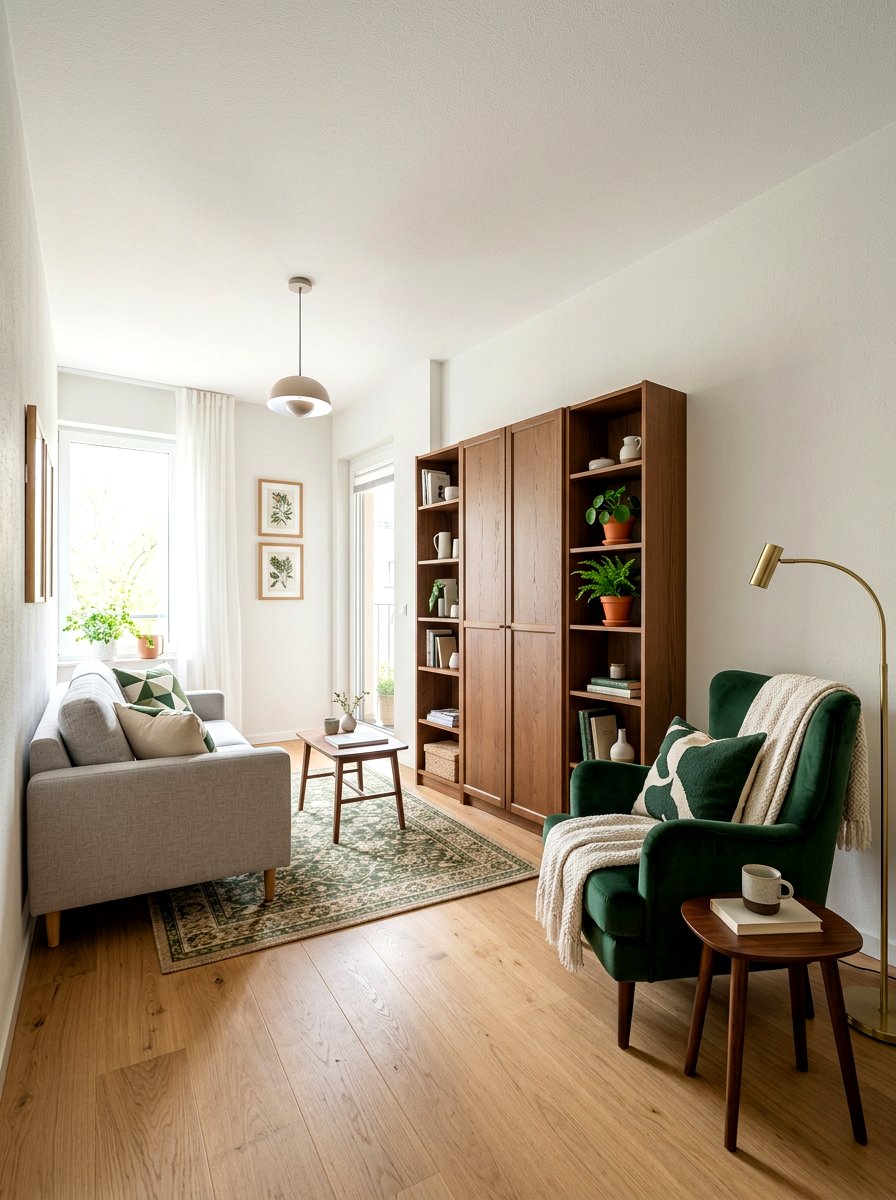 Small Apartment Living Room With Green Accents And Brown Storage - 30 forest green and brown living room ideas