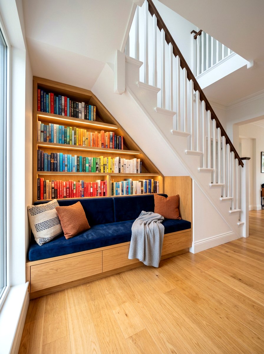 Small Built In Bookshelf - 30 under stairs reading nook ideas