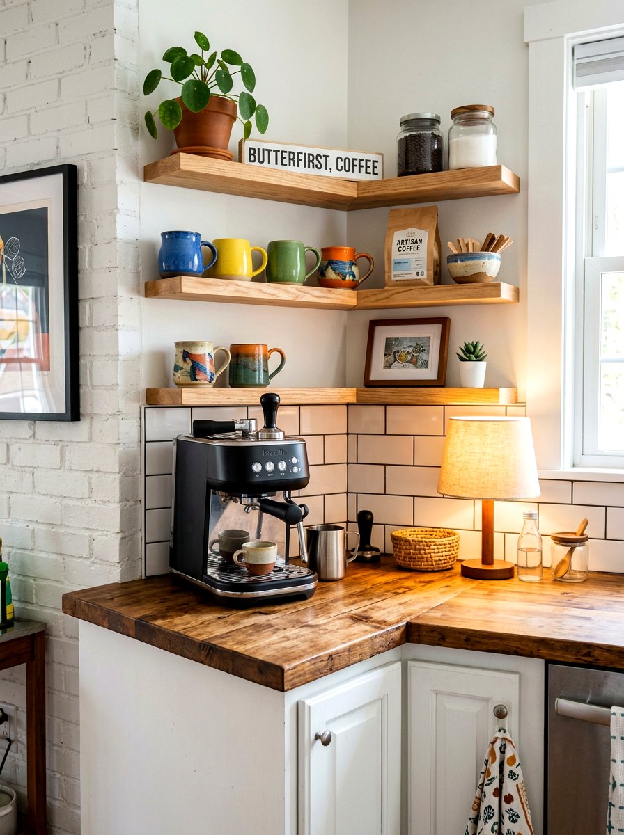 Small Corner Coffee Bar - 30 beverage pantry ideas aesthetic