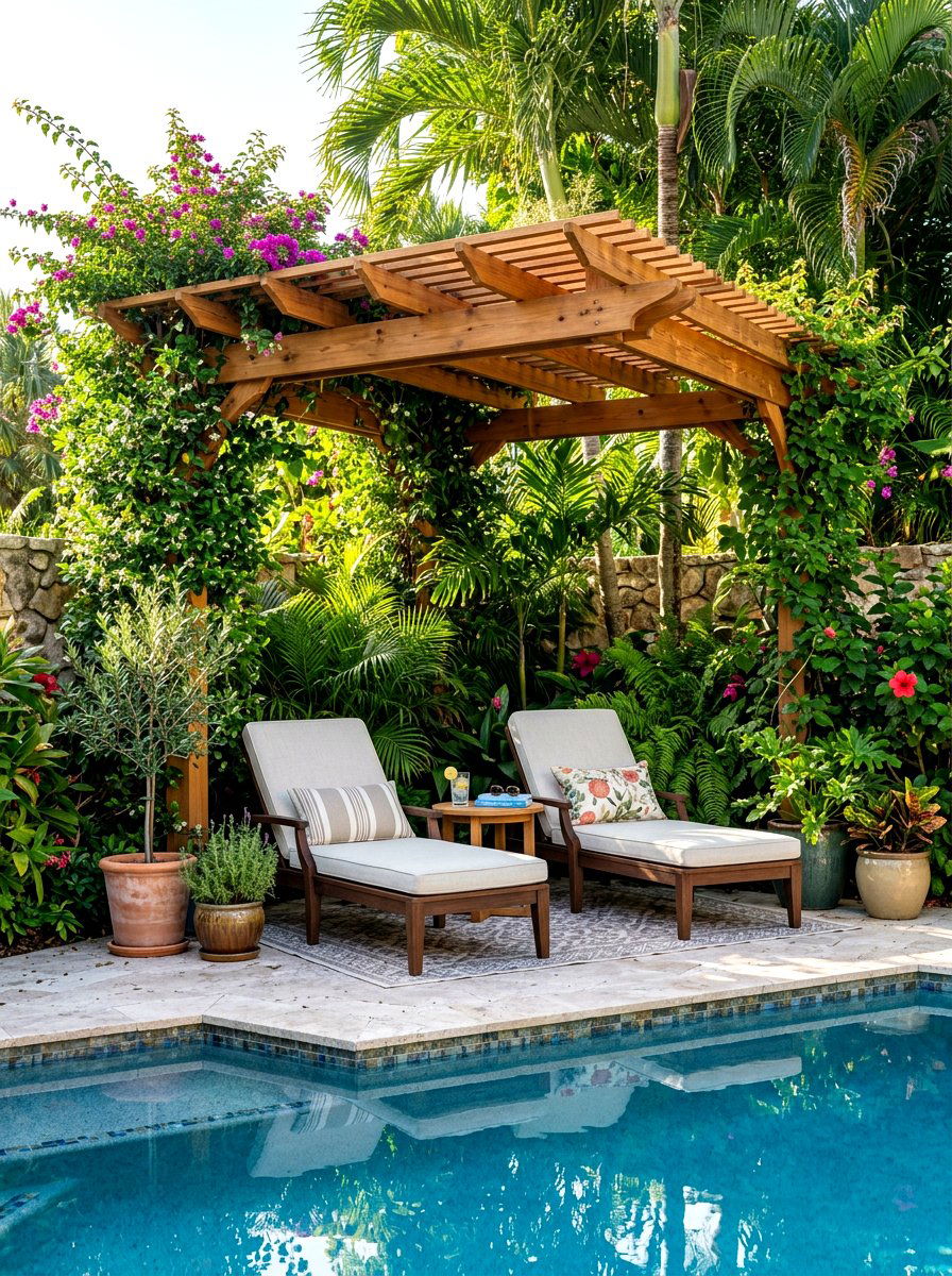 Small Corner Poolside Pergola Nook - 30 poolside pergola lounge ideas