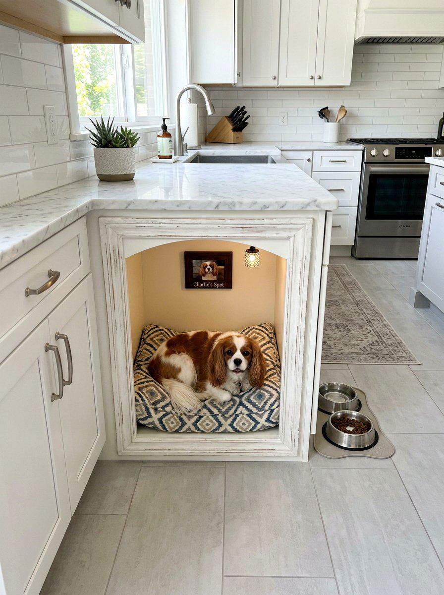Small Dog Nook Under Counter - 30 dog lounge room ideas