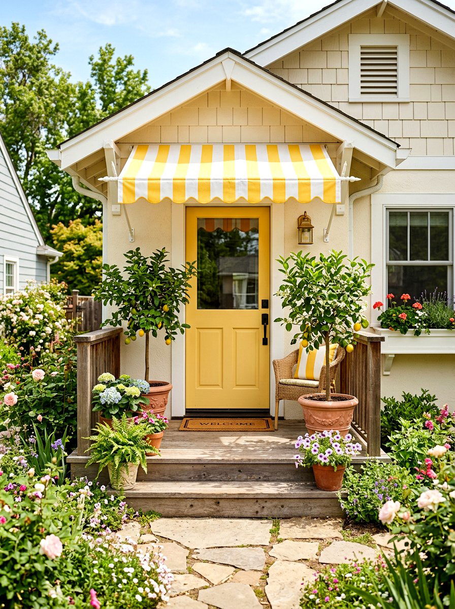 Small Front Porch Striped Awning - 30 striped awning front porch ideas