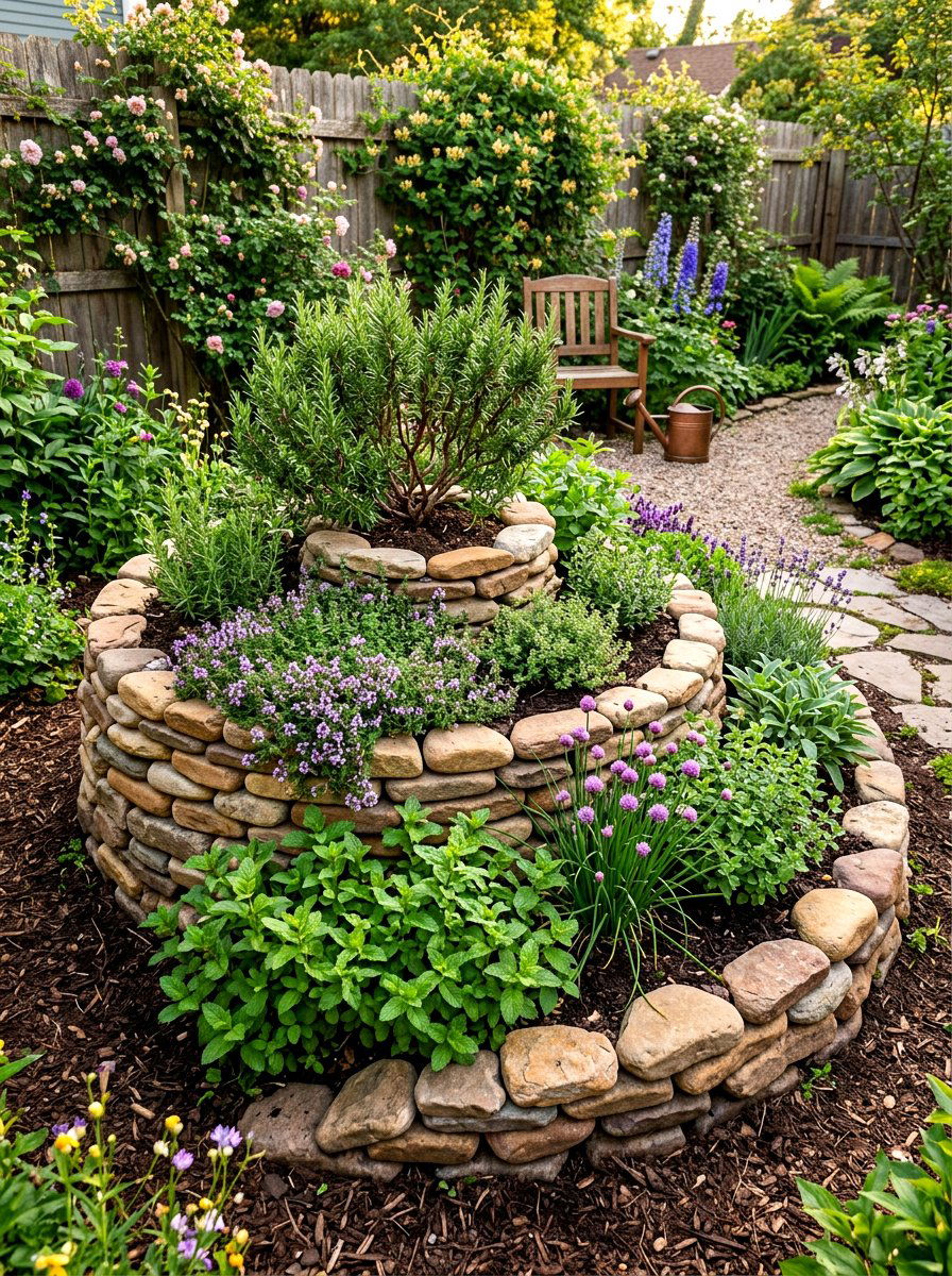 Small Herb Spiral Layout - 30 compact kitchen garden ideas