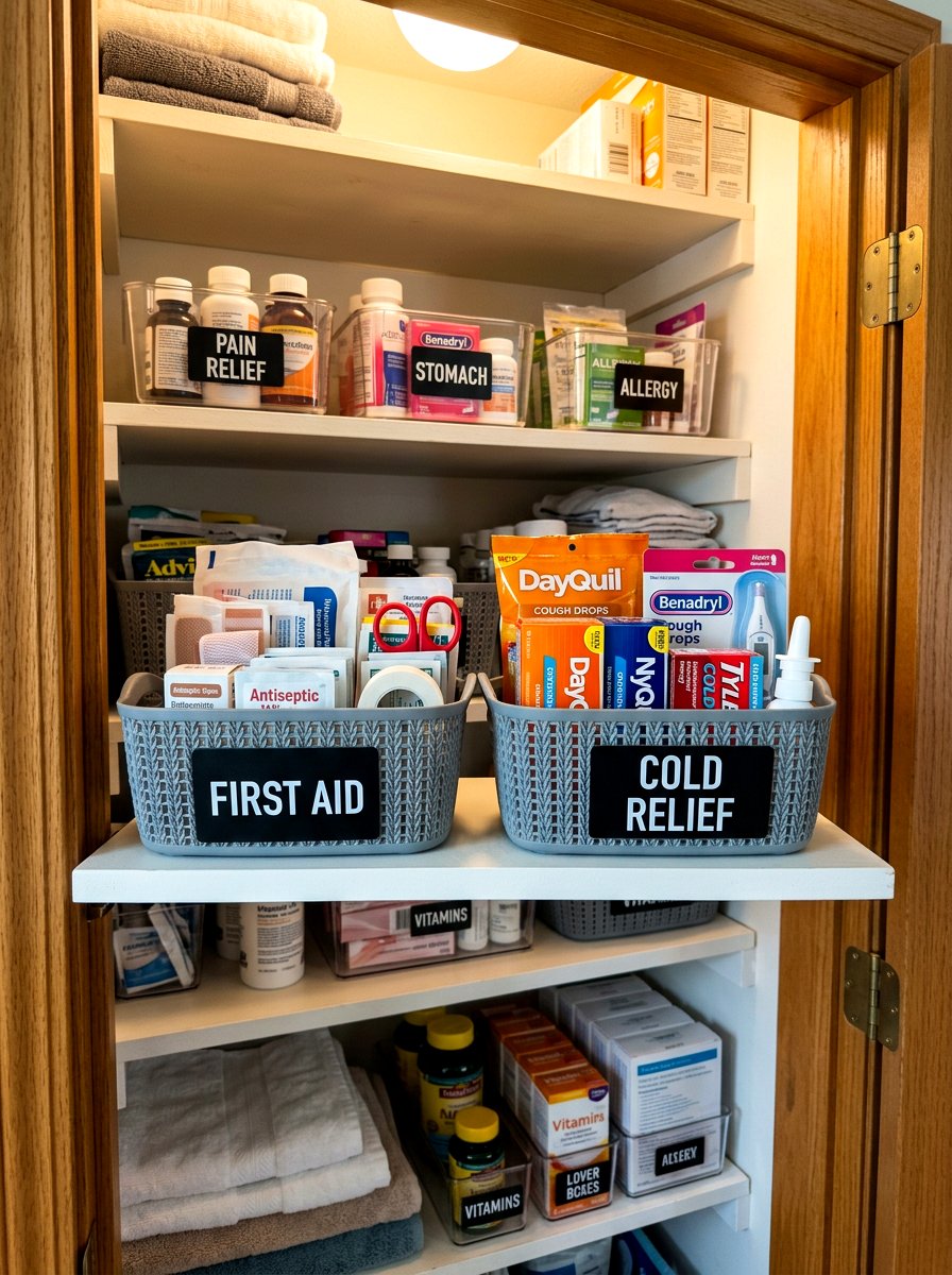 Small Medicine Baskets - 30 linen closet organization ideas