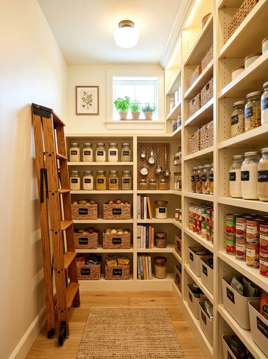 Small Pantry With Folding Library Ladder - 30 pantry with library ladder ideas