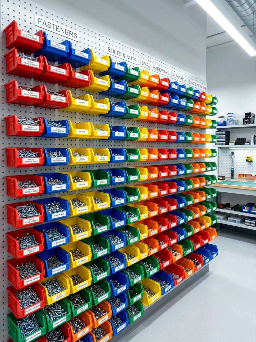 Small Parts Bin System - 30 garage pegboard ideas