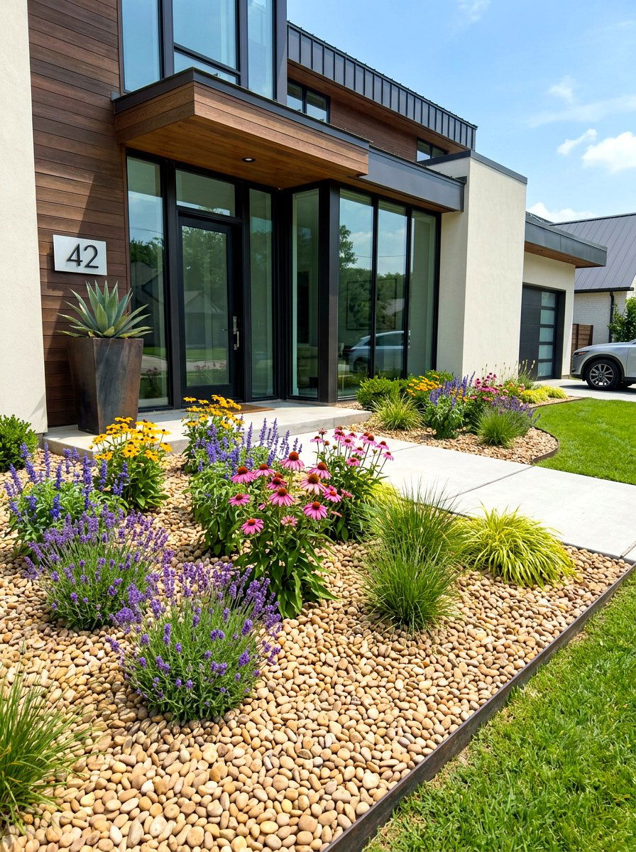 Small Pebble Mulch - 30 rock mulch front yard ideas