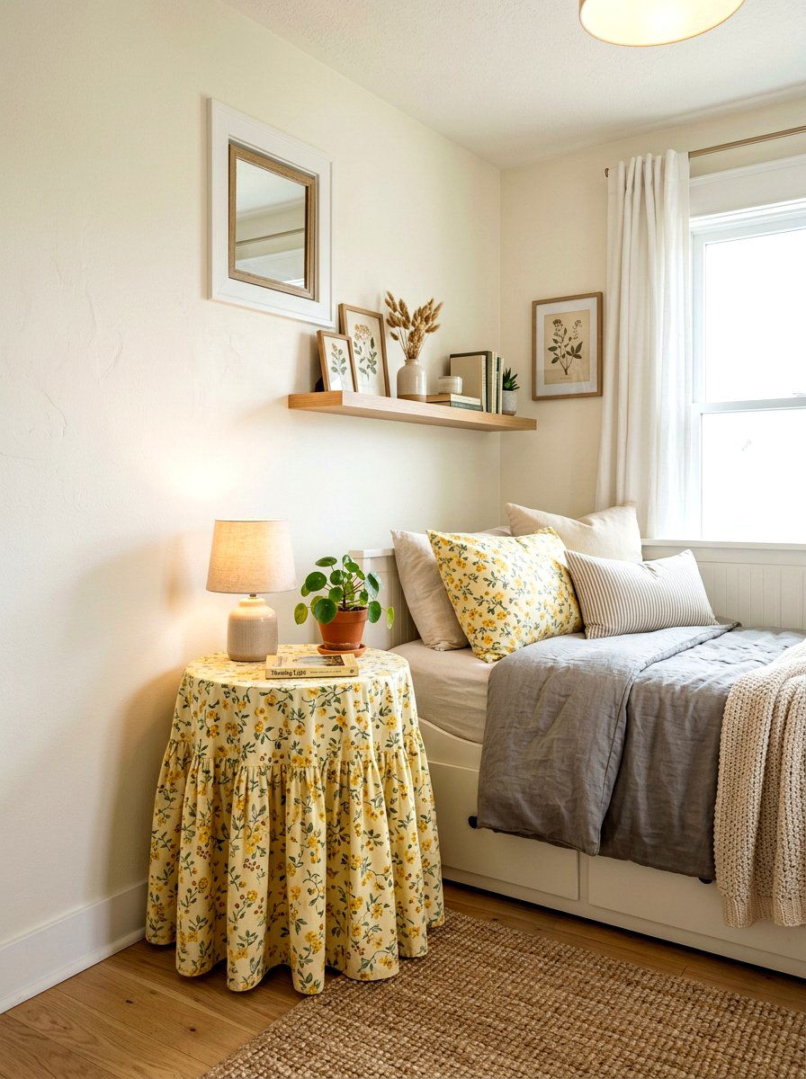 Small Round Gathered Nightstand - 30 skirted nightstand ideas