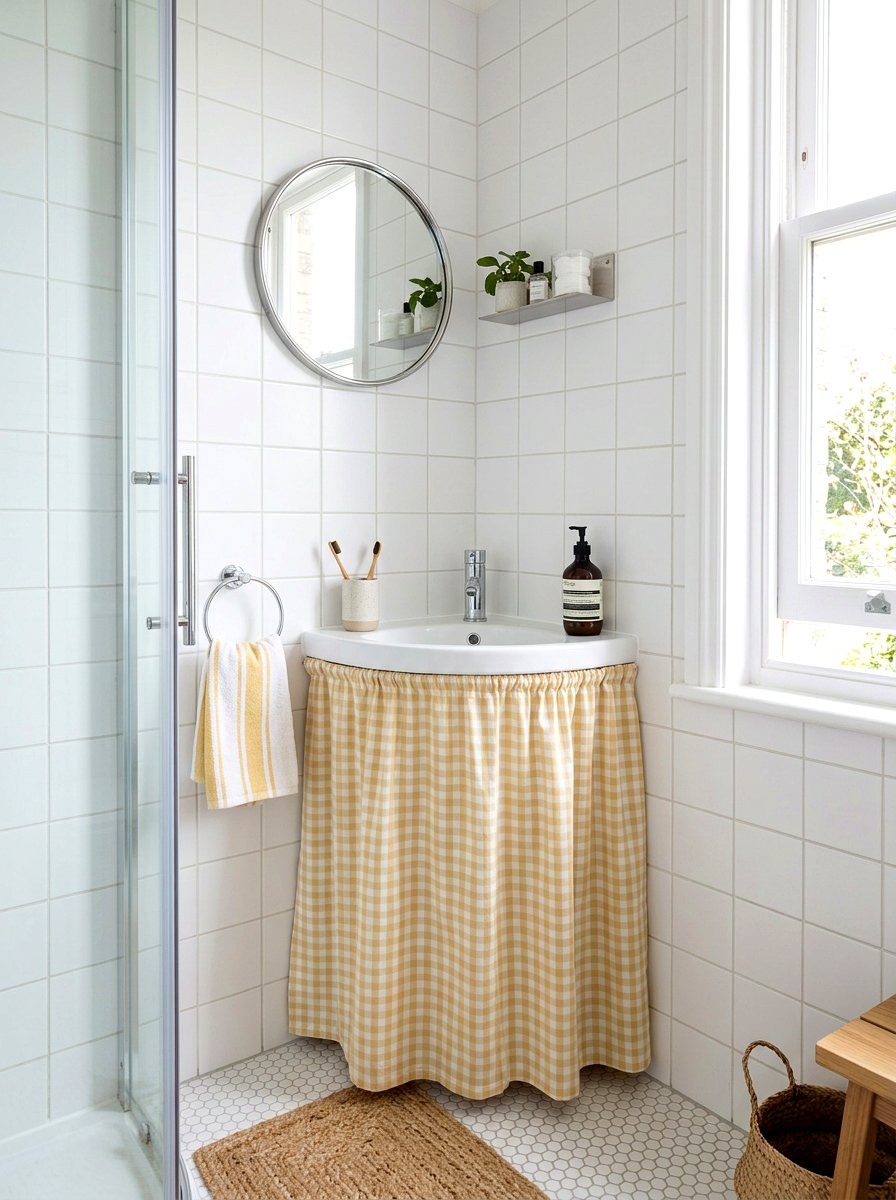 Small Space Corner Skirt - 30 skirted vanity ideas