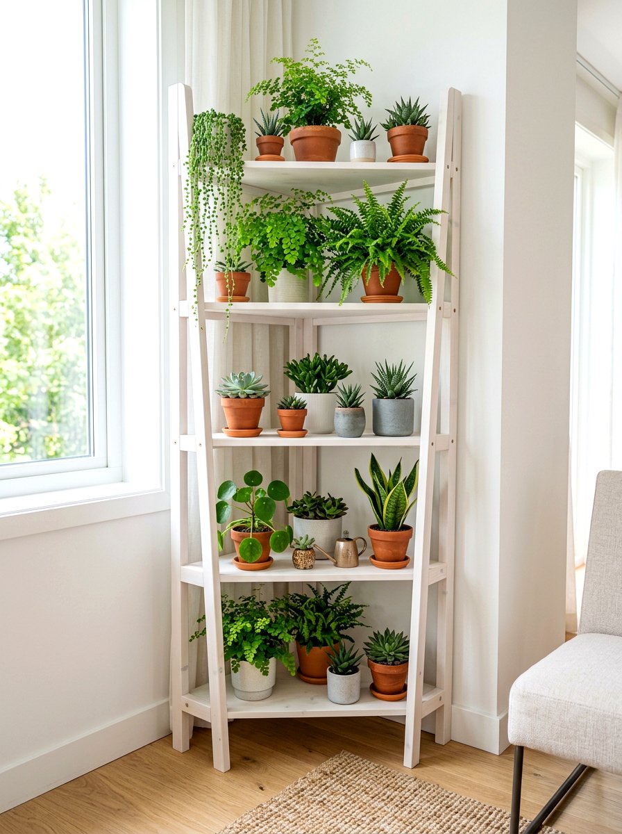 Small Space Corner Tiered Shelf - 30 bedroom plant shelf ideas