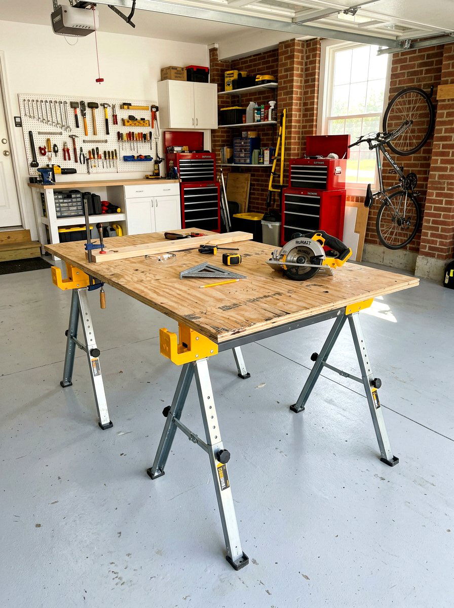 Small Space Sawhorse Workbench - 30 garage workbench ideas