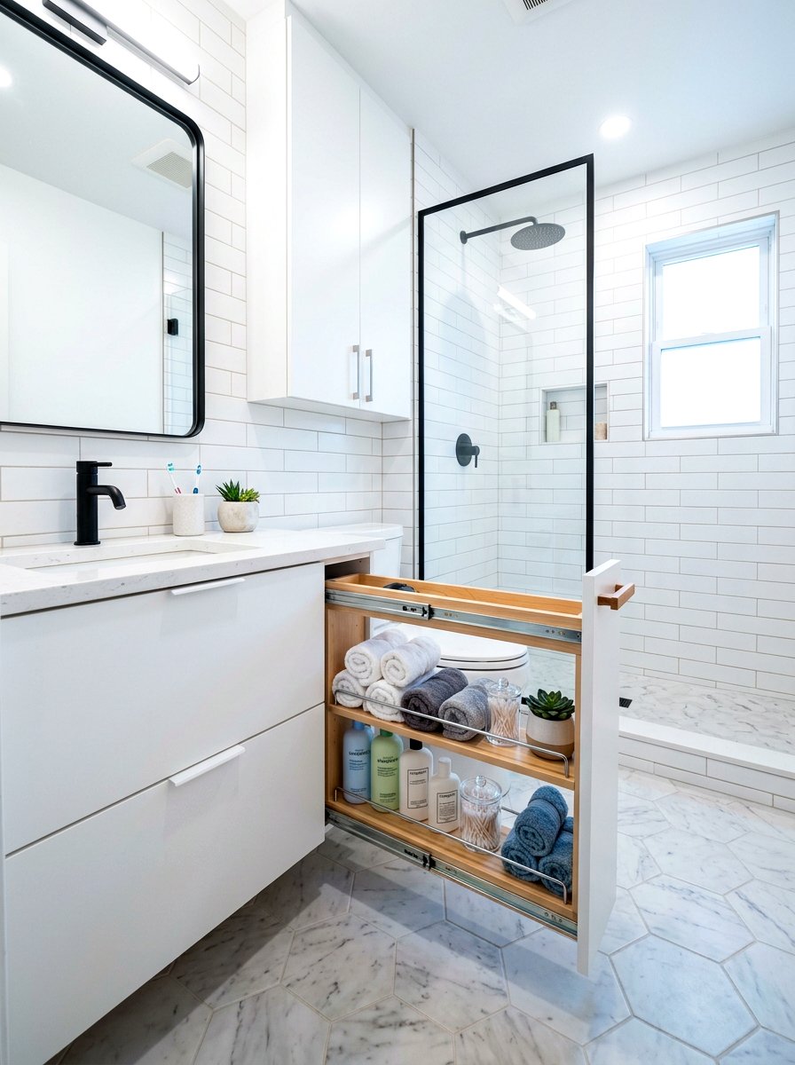 Small Space Sliding Shelf - 30 bathroom linen shelf ideas