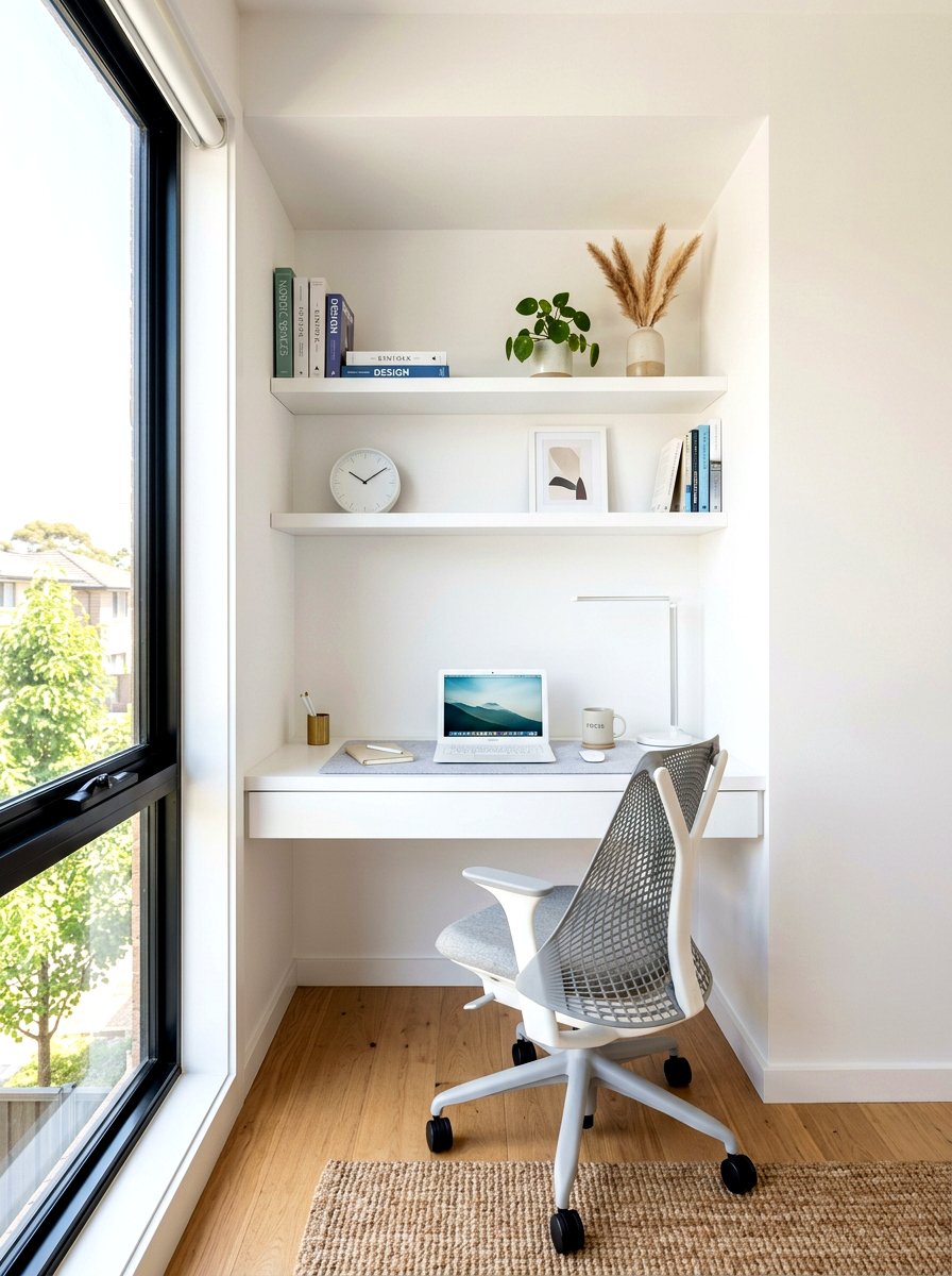 Small Space White Office Desk Nook - 30 white office built in ideas