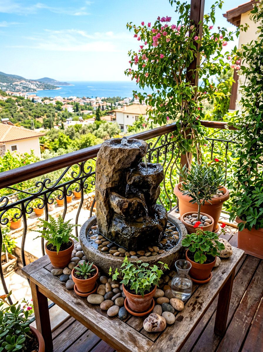 Small Water Feature - 30 small apartment balcony garden ideas