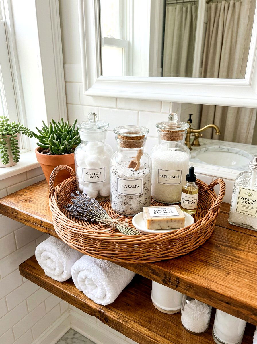 Small Wicker Tray Apothecary Jar - 30 bathroom basket storage ideas
