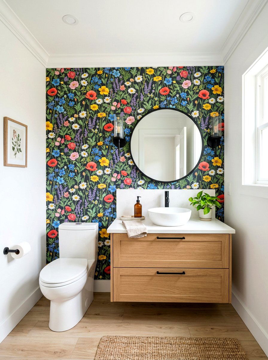 Small bathroom floral accent wall - 30 floral wallpaper powder room ideas