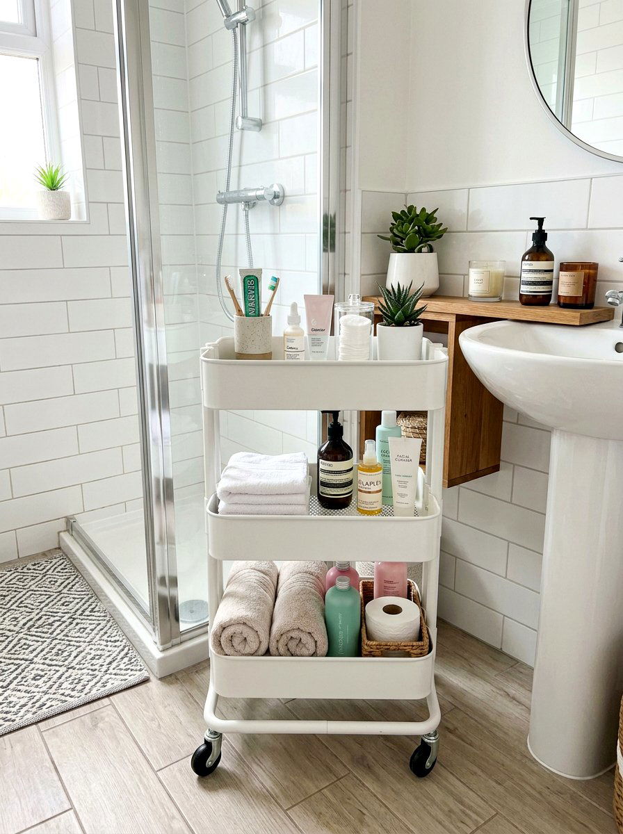 Small bathroom rolling cart - 30 renter friendly bathroom decor ideas