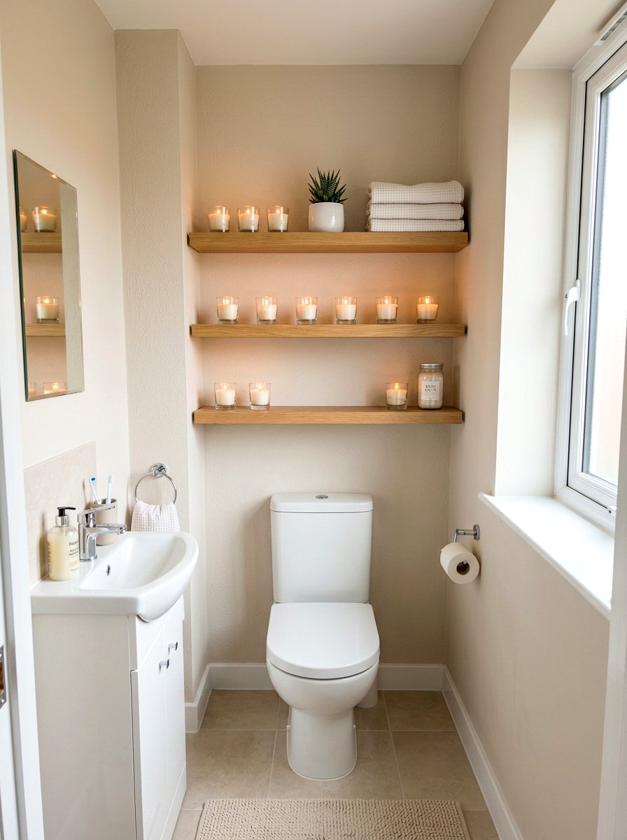 Small bathroom with shelf candles - 30 candlelit bathroom ideas