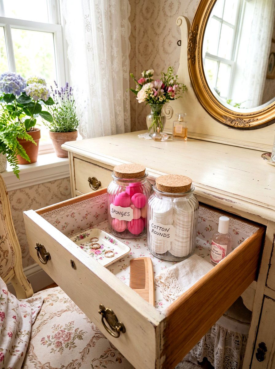 Small glass jars for sponges - 30 vanity drawer organization ideas
