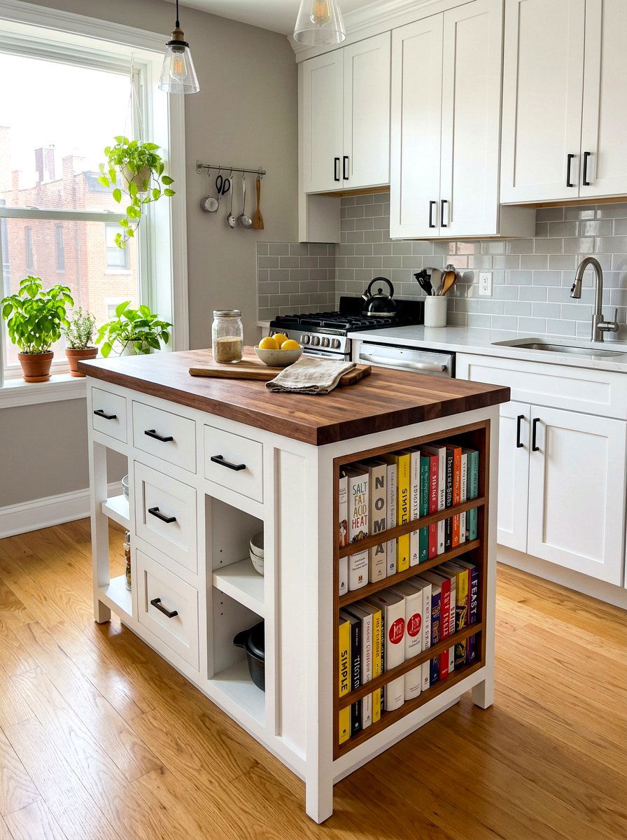Small kitchen island with bookshelf for cookbooks - 30 island bookshelf ideas