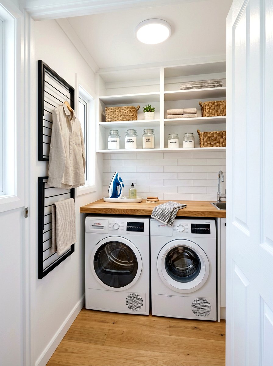 Small laundry closet counter - 30 countertop over washer dryer ideas