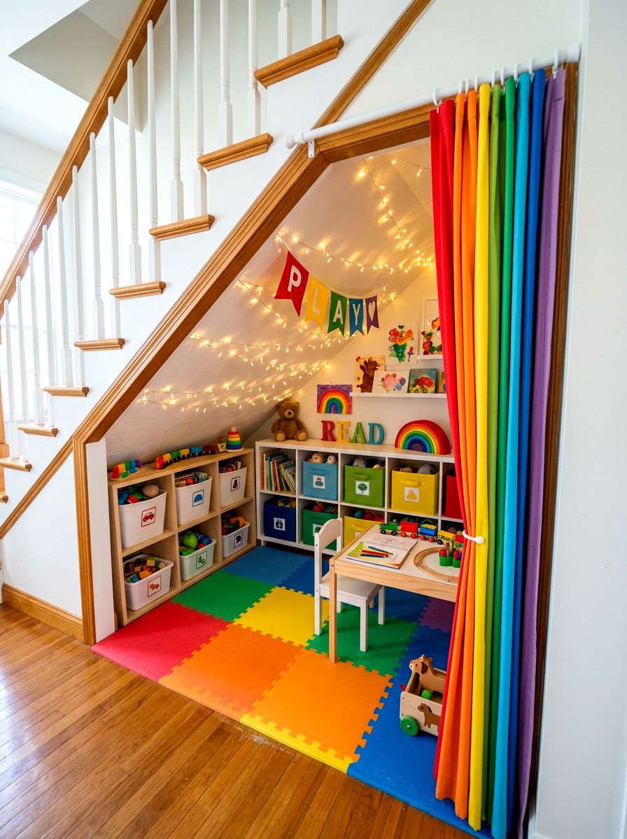 Small playroom under stairs - 30 stair nook decor ideas