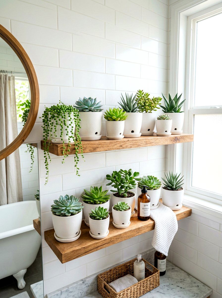Small potted succulents - 30 spa shelf styling bathroom ideas