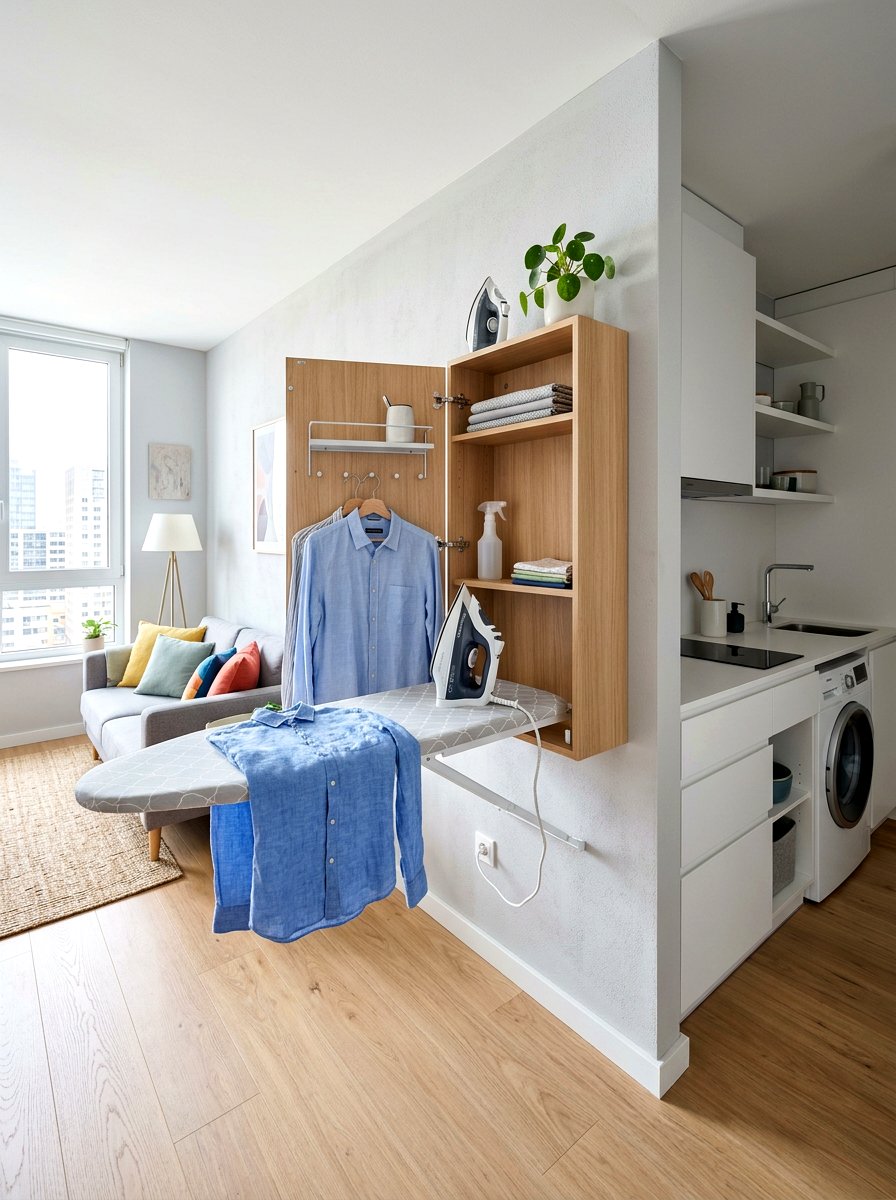 Small space ironing board wall shelf - 30 ironing board storage ideas
