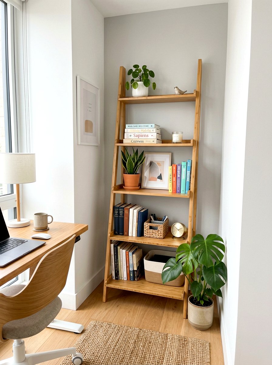 Small space leaning ladder shelf - 30 office bookshelf styling ideas