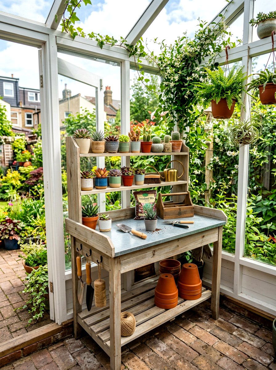 Small space potting table - 30 potting table greenhouse ideas