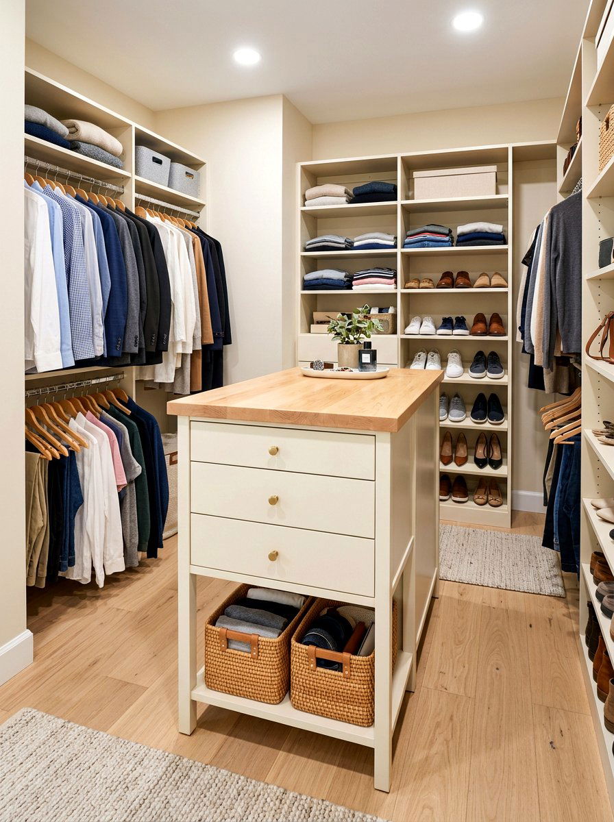 Small walk in closet island - 30 island dresser closet ideas