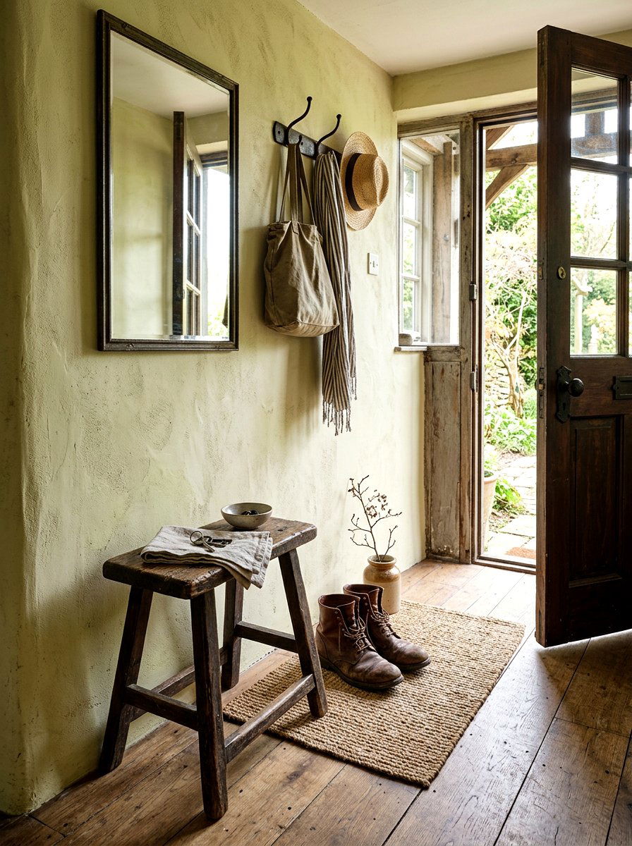 Small wooden stool - 30 renter friendly entryway ideas