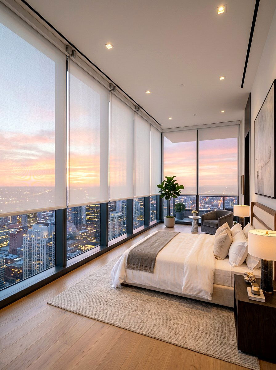 Smart Floor To Ceiling Shades Penthouse Bedroom - 30 smart shade bedroom ideas