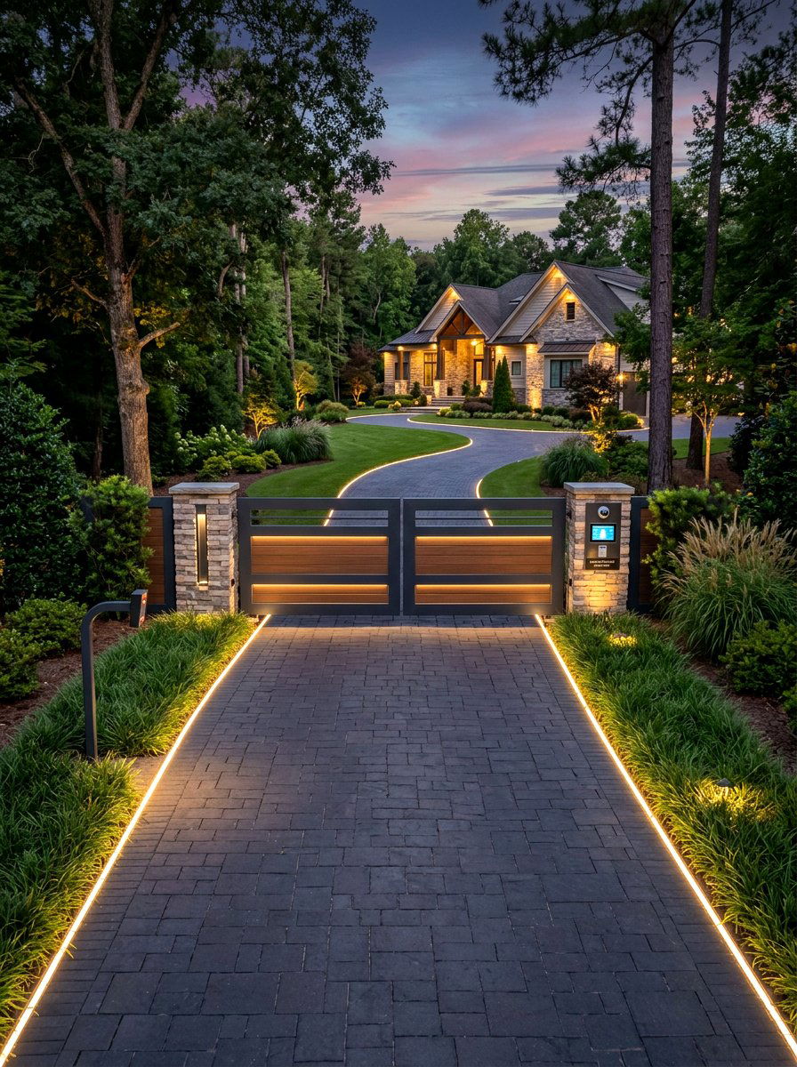 Smart Gate With Integrated Pathway Lighting - 30 driveway gate landscaping ideas