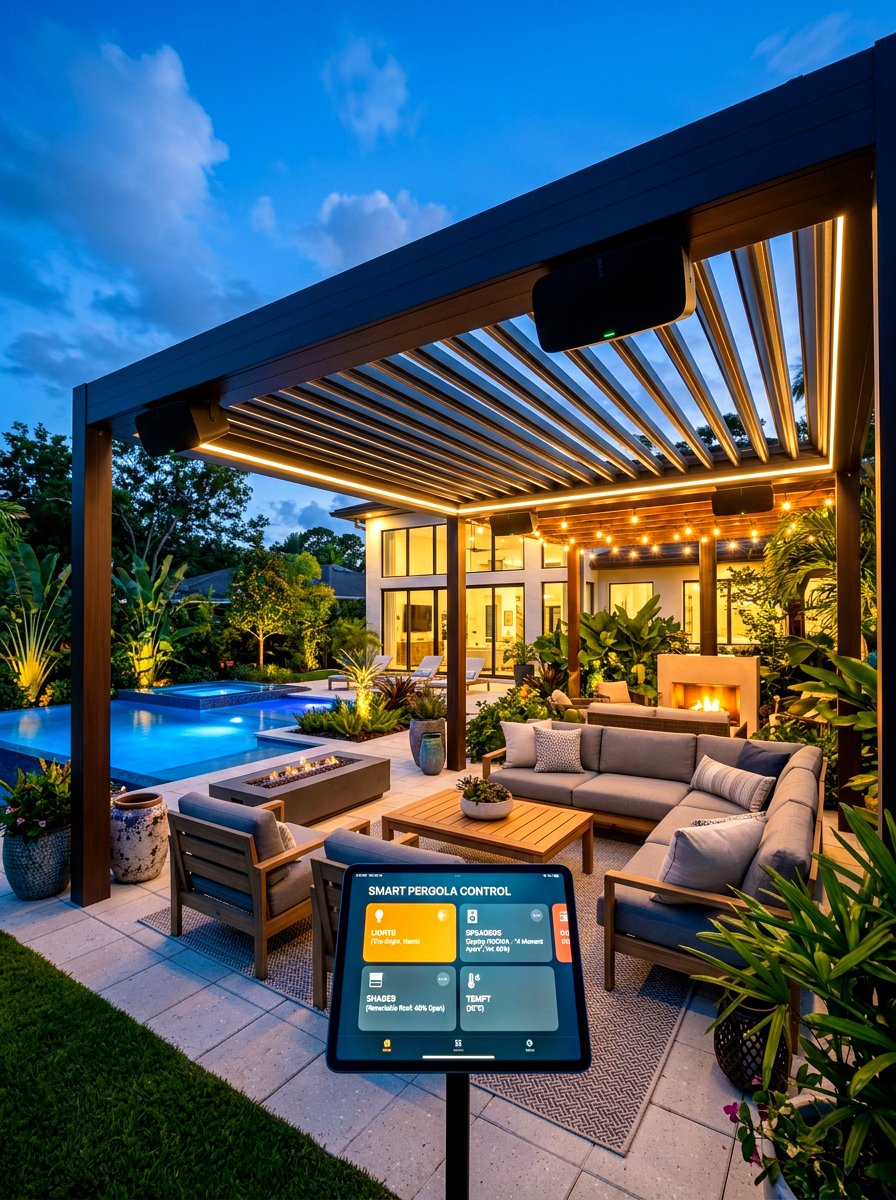 Smart Home Integrated Pergola - 30 louvered pergola patio ideas